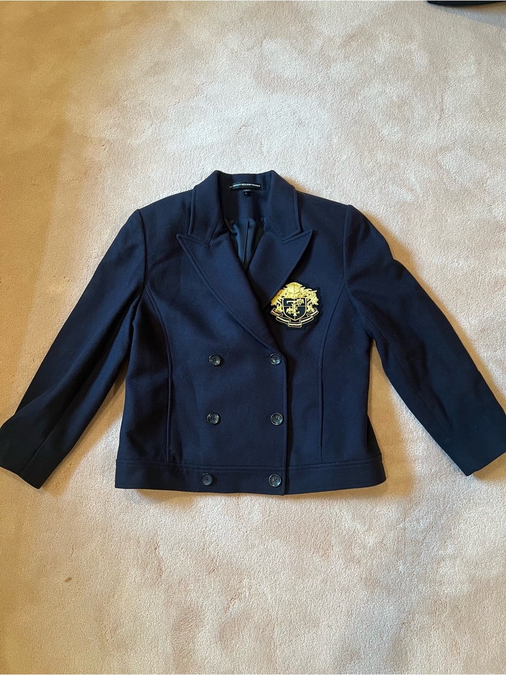 Company Ellen Tracy Womens Navy Double-Breasted Crest Blazer Jacket (Petite 14)
